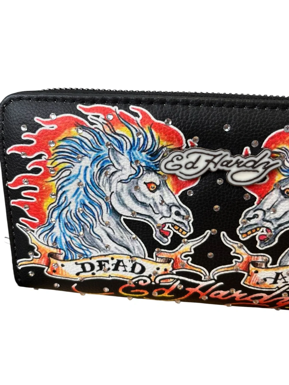 Ed Hardy Dead Alive Horse Rhinestone Zip Around Wristlet Wallet Y2K NWT